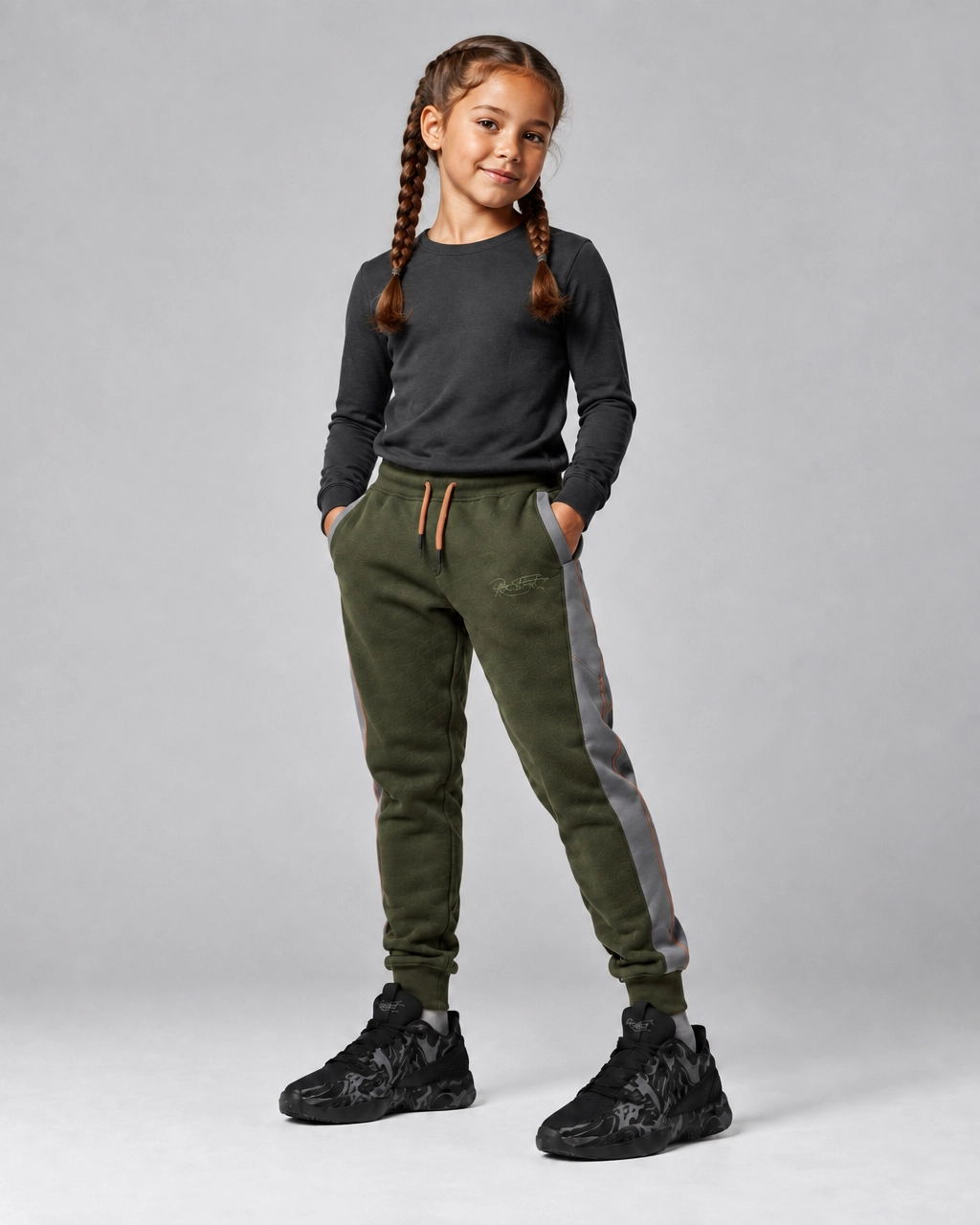 Roc Street Girls’ Olive Green & Charcoal Panel Jogger Pants