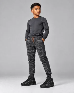Charcoal Camo Kids’ Long-Sleeve Tee & Jogger Set – Urban Utility Tracksuit
