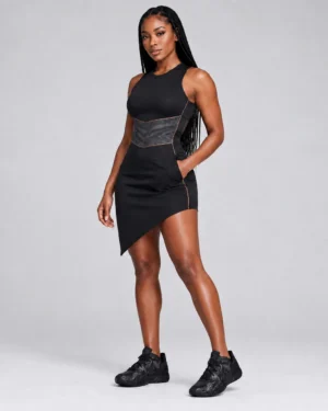 Black Asymmetric Performance Dress – Women’s Sleeveless Athletic Dress with Contoured Waist