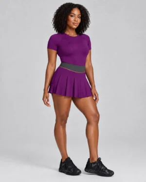 Purple Pleated Tennis Dress – Women’s Short-Sleeve Athletic Dress with Built-In Shorts