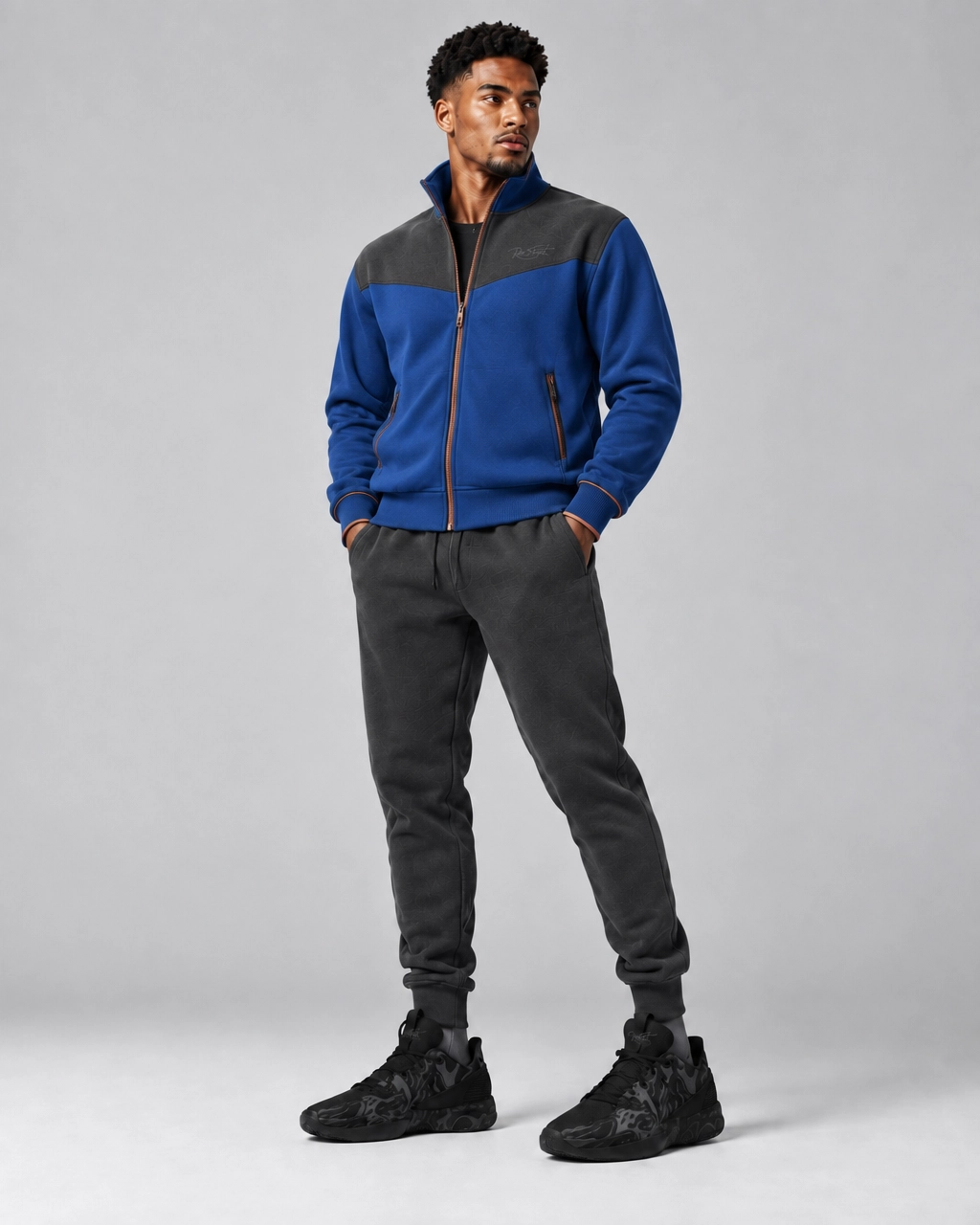 Royal Blue Contrast Fleece Jacket & Charcoal Joggers Set – Modern Performance Tracksuit