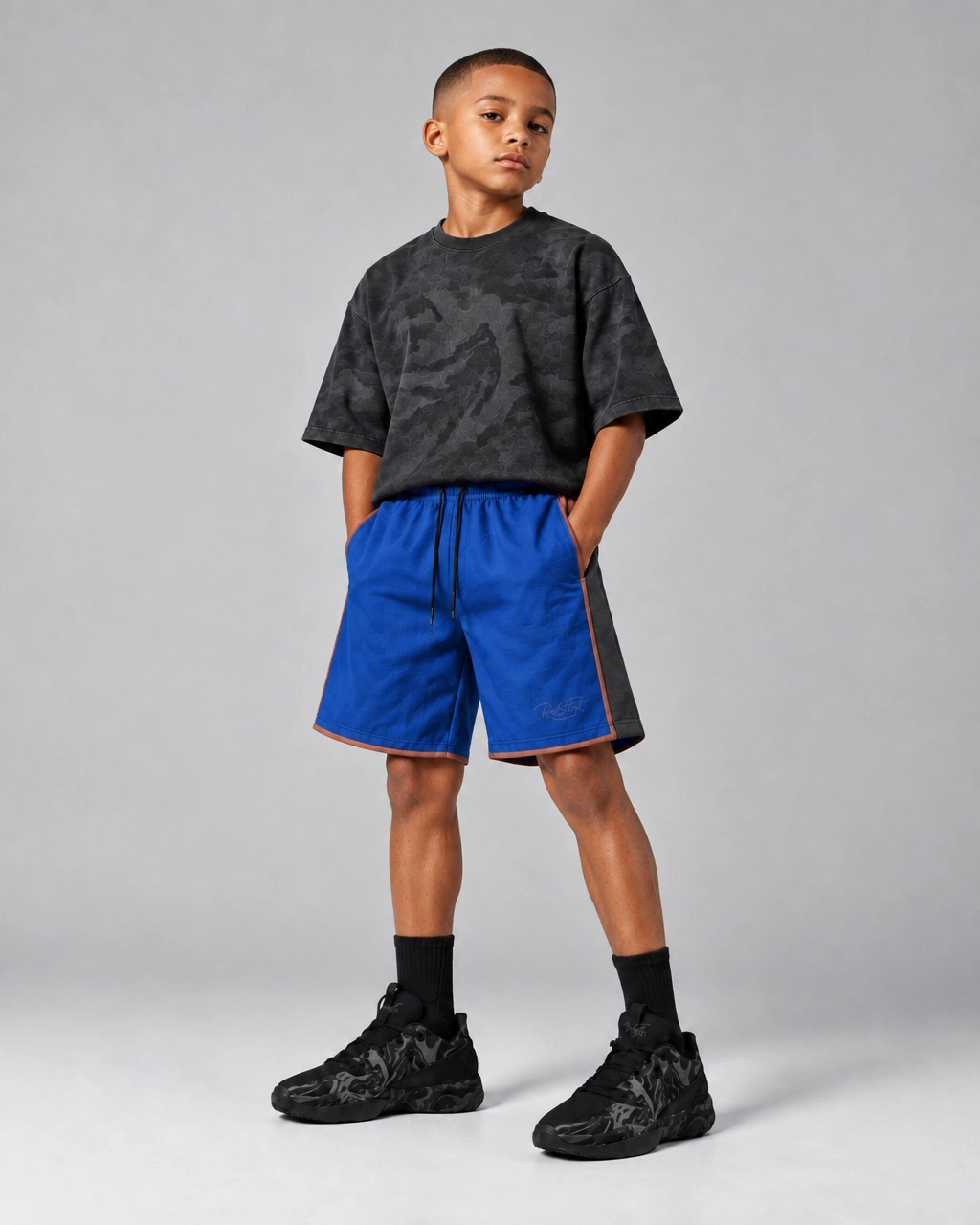 Black & Royal Blue Kids’ Graphic Tee & Athletic Shorts Set – Sporty Streetwear Outfit