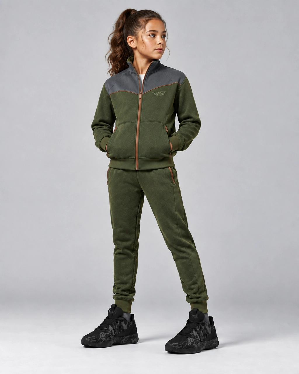 Roc Street Girls’ Olive Green & Black Panel Track Jacket - Image 2