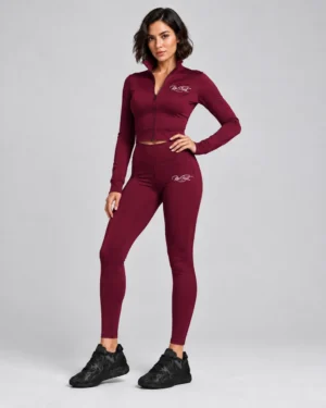 Burgundy Performance Tracksuit Set – Zip-Up Jacket & High-Rise Leggings