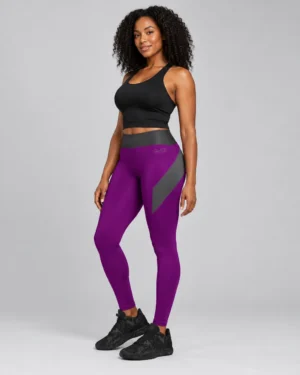 Purple & Charcoal High-Waisted Active Leggings Set – Women’s Performance Crop Top & Leggings