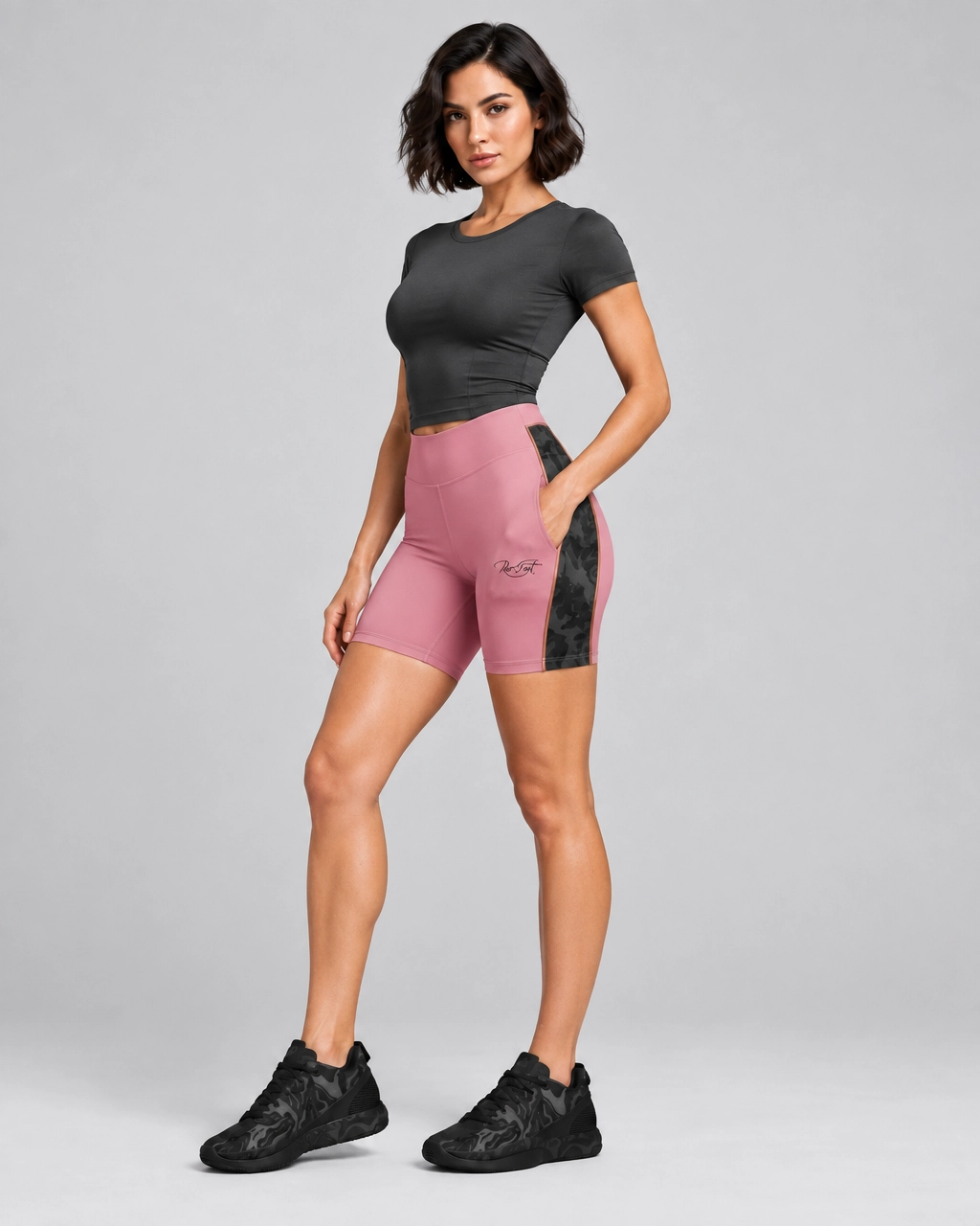 Charcoal & Dusty Pink Activewear Set – Women’s Cropped Tee & High-Waisted Biker Shorts