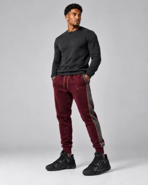 Burgundy Logo Panel Jogger Pants – Tapered Streetwear Sweatpants