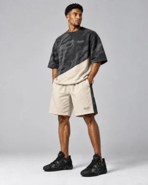 Shadow Camo Panel Tee & Cream Utility Shorts Set – Oversized Streetwear Co-Ord