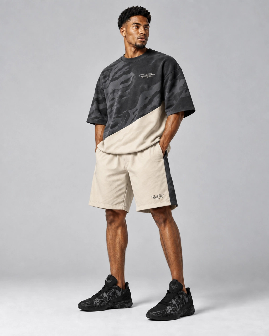 Shadow Camo Panel Tee & Cream Utility Shorts Set – Oversized Streetwear Co-Ord