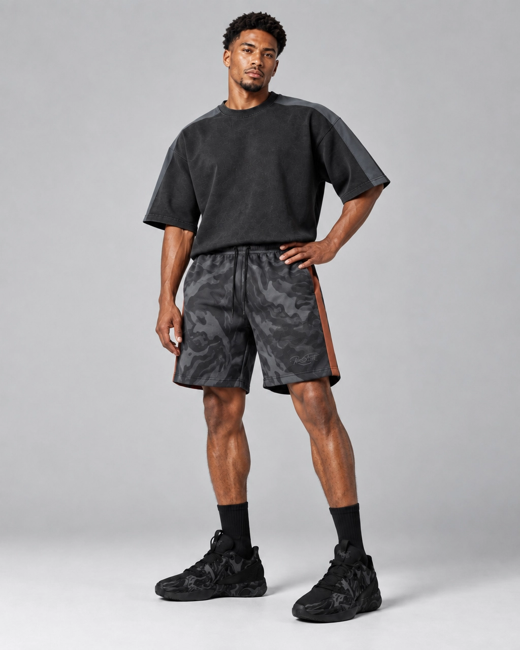 Black Camo Utility Shorts – Relaxed Fit Graphic Cargo-Style Shorts - Image 2