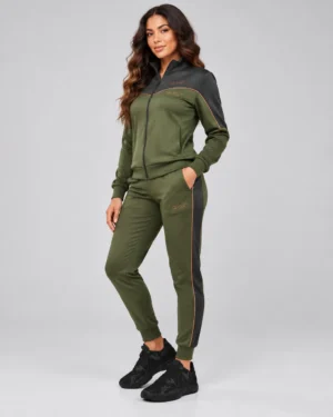 Olive Green & Black Track Suit Set – Zip-Up Jacket & Jogger Pants