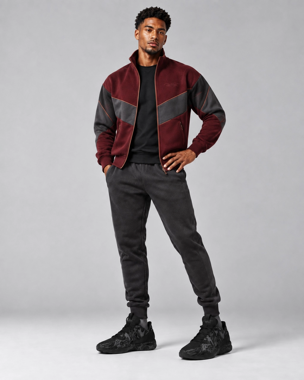 Burgundy Contrast Panel Track Jacket & Charcoal Joggers – Modern Streetwear Tracksuit - Image 2