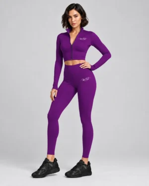 Purple Activewear Set – Cropped Zip-Up Jacket & High-Rise Leggings