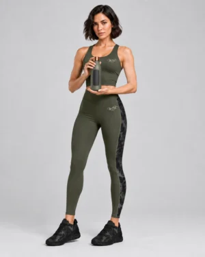 Olive Green Camo Activewear Set – Fitted Tank Top & High-Rise Leggings
