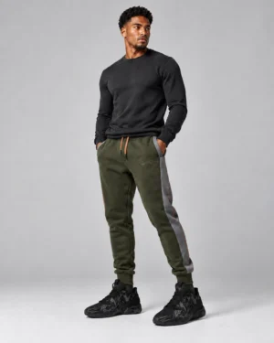 Black Crewneck & Olive Utility Jogger Set – Contrast Panel Urban Streetwear