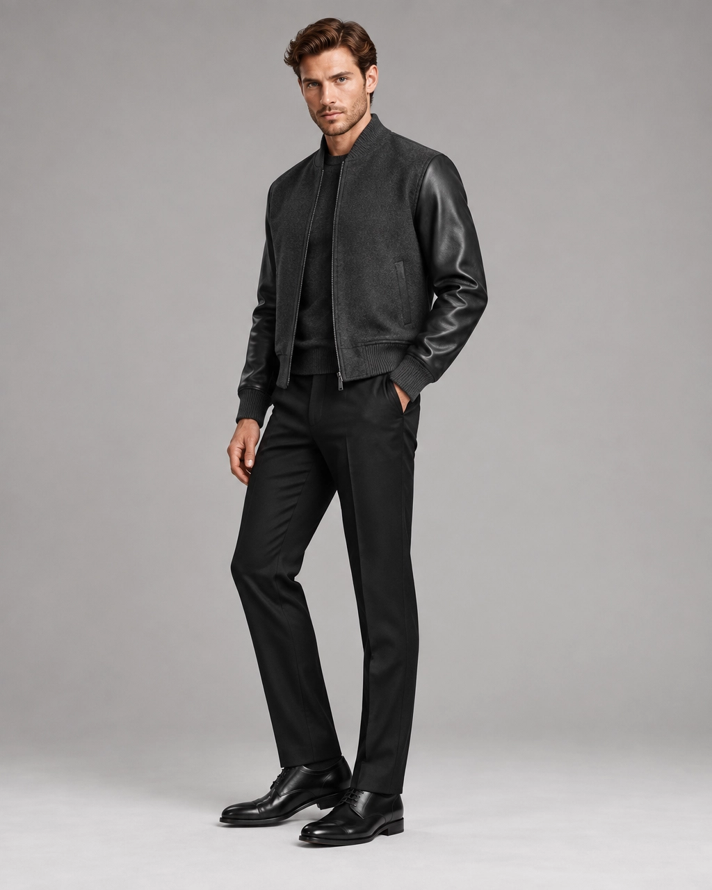Signature Leather-Sleeve Bomber Jacket - Image 2